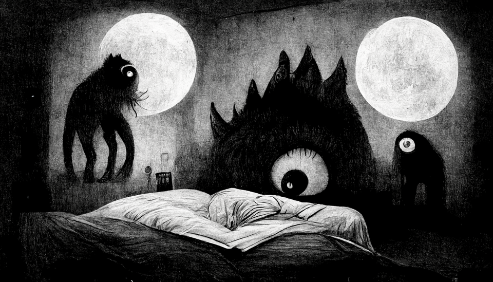 Skygger af monstrer rundt om en seng.