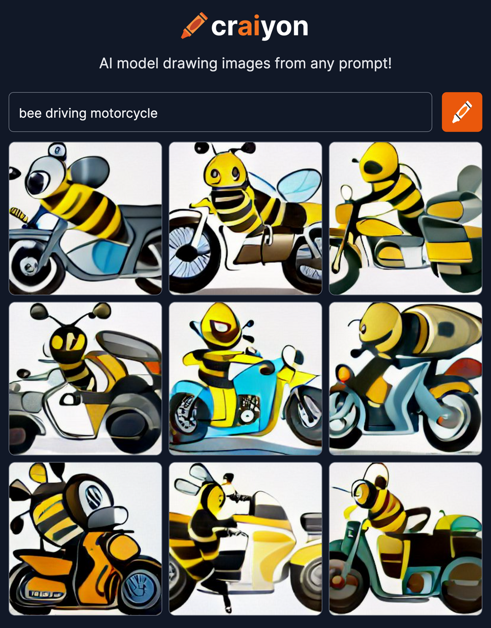 Forskellige billeder af bier, der kører på motorcykel frembragt af en kunstig intelligens