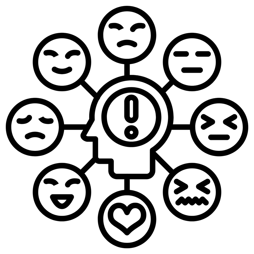 Et grafisk hovede er omgivet af forskellige emojis, der udtrykker forskellige følelser